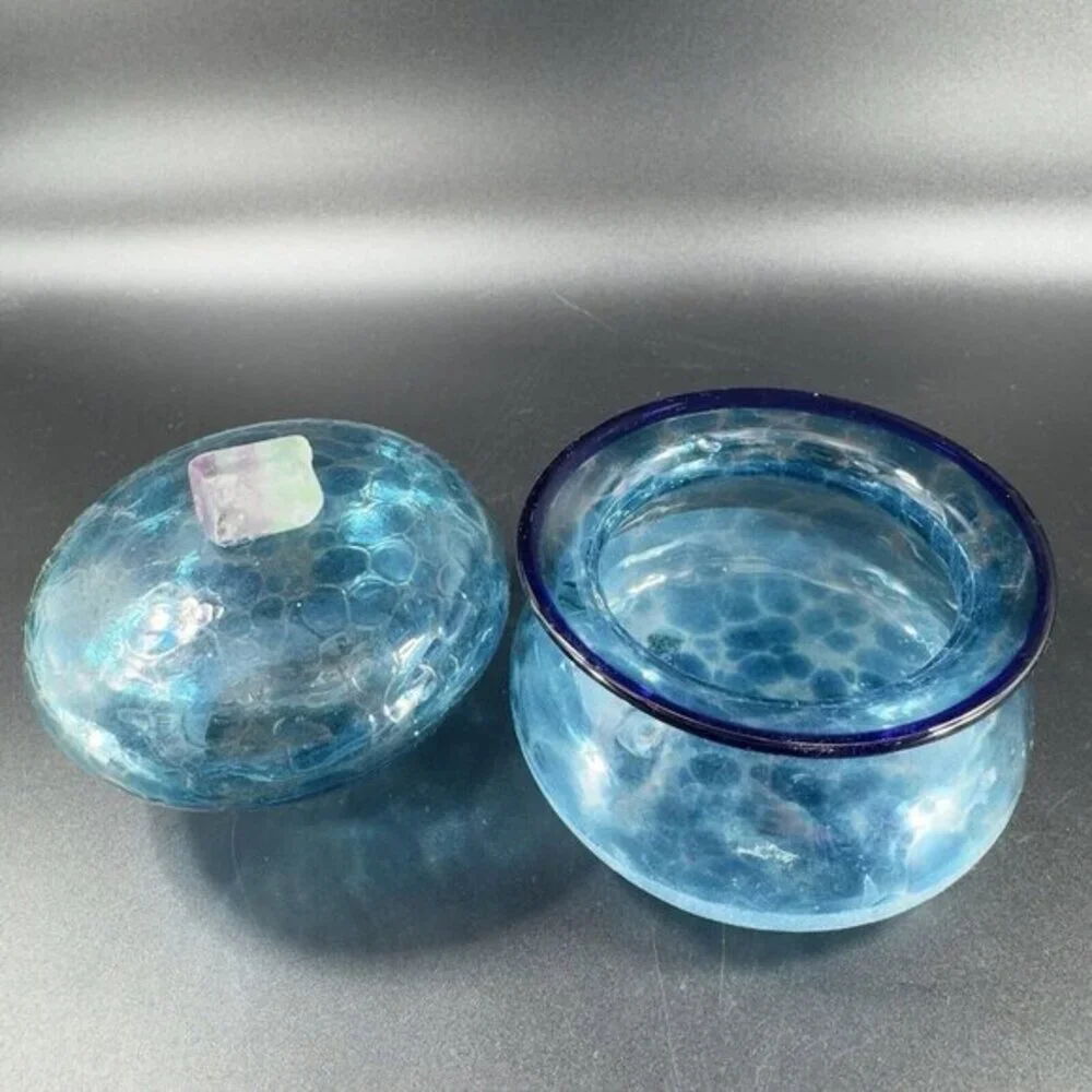 Hand Blown Glass Canister Jar With Lid Blue Frosted Bottom Hand‎ Made In Mexico